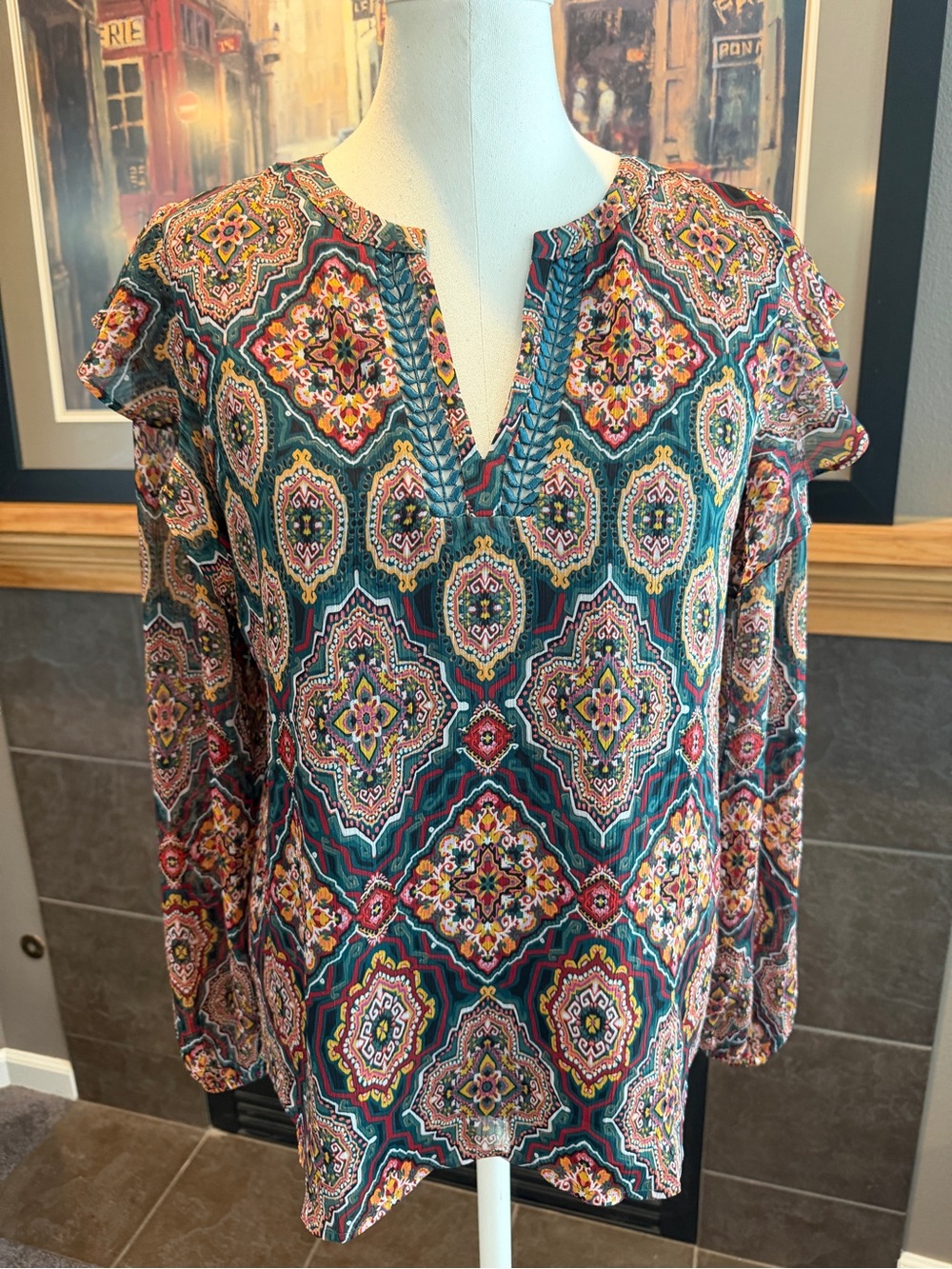LOFT Teal Multi-Pattern Long Sleeve V-Neck Blouse
